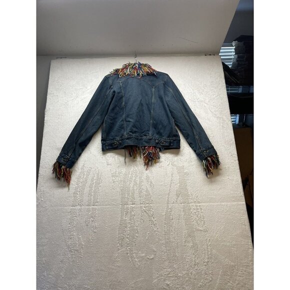 Amano Womens M Blue Denim Multicolor Wool Shag Trim Gloves Jean Jacket - Picture 4 of 11